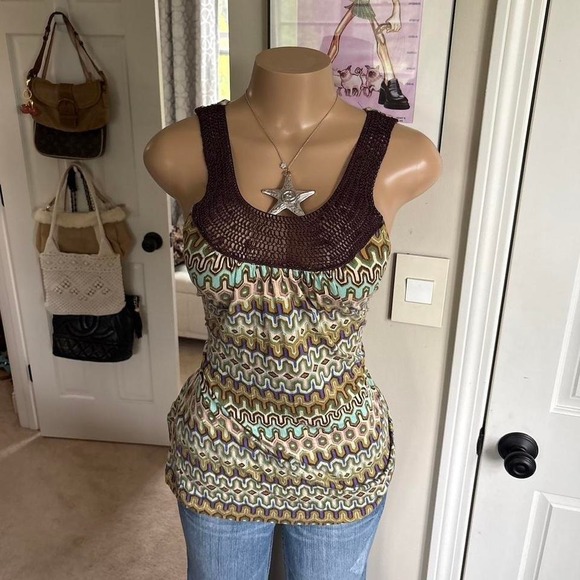 Cynthia Rowley Tops - y2k 2000s boho crochet trim patterned tank top